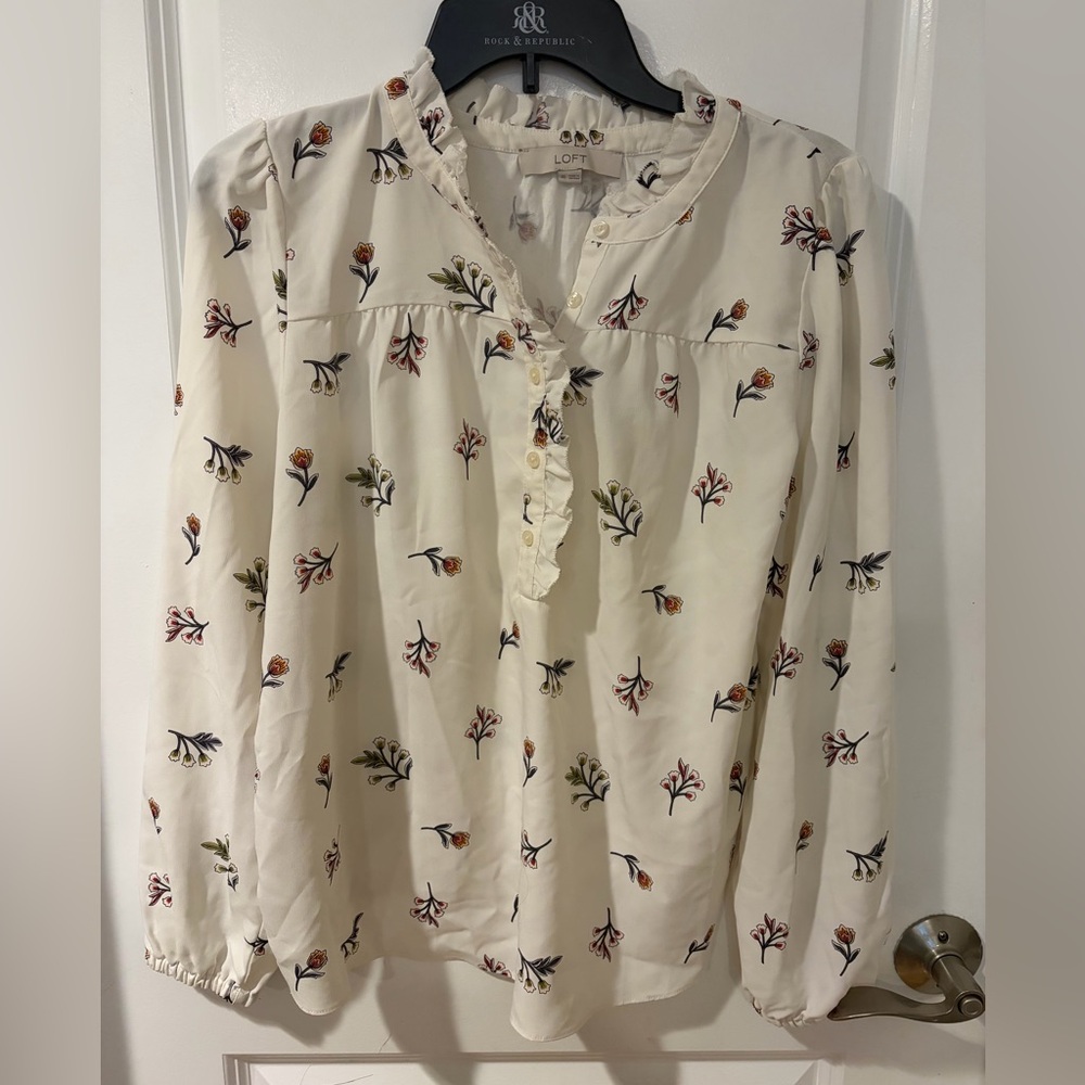 Loft Meadow Ruffle Mixed Media Blouse, Size XS, Regular